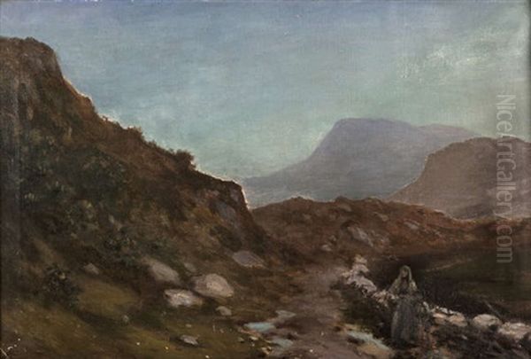 A Path Through The Mountains With A Woman And Child Oil Painting by George Russell