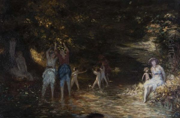 Figures Dancing In A Sunlit Glade Oil Painting by George Russell