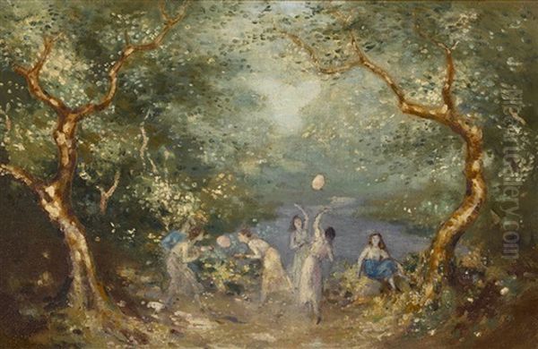 Girls Playing In The Woods Oil Painting by George Russell