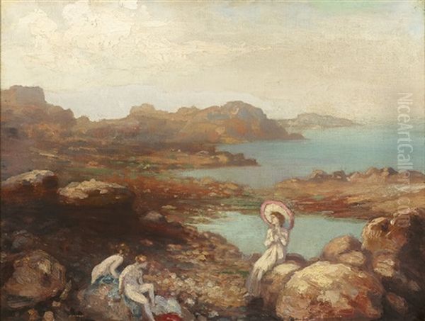 Woman And Children On The Seashore Oil Painting by George Russell