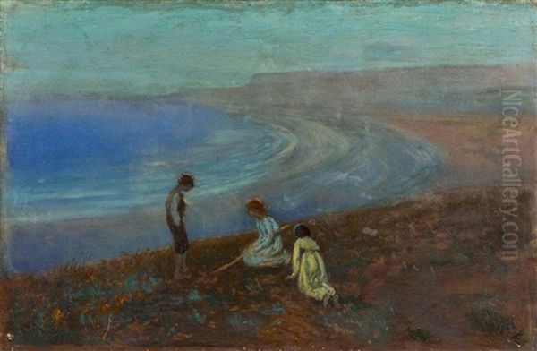 Three Children On A Beach by George Russell