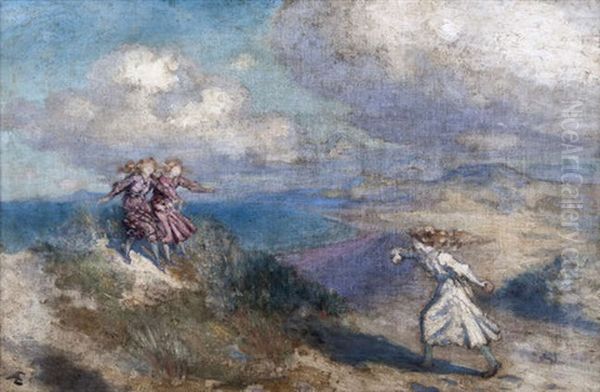 Three Girls Playing In The Sand Dunes, Donegal Oil Painting by George Russell