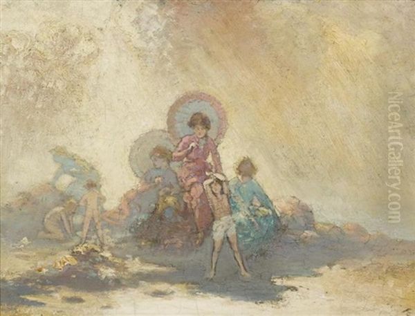 Children And Women With Parasols Oil Painting by George Russell