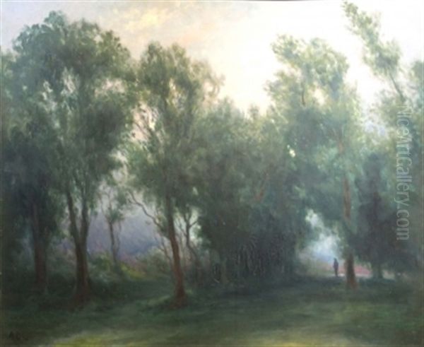 Figure In A Wood Oil Painting by George Russell