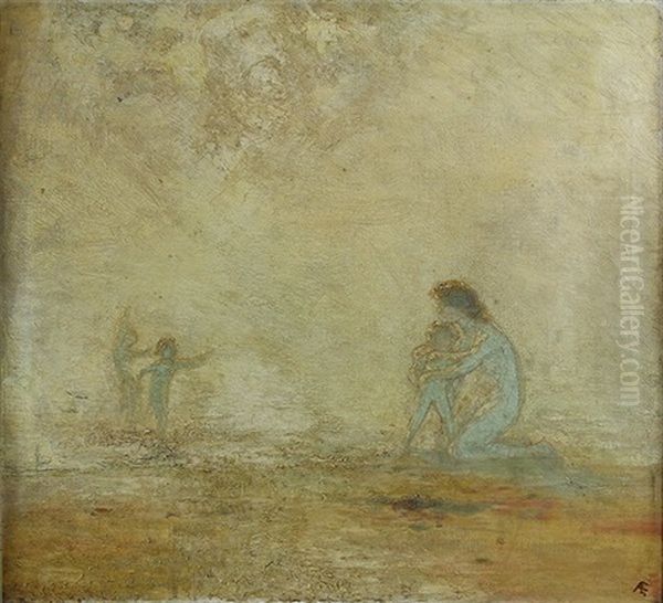 Mother And Children On The Seashore Oil Painting by George Russell