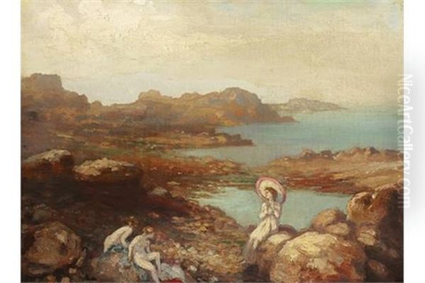 Woman And Children On The Seashore Oil Painting by George Russell