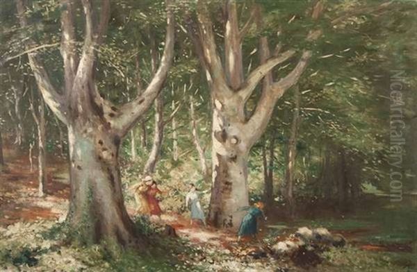 Children Playing In Woodland Glade Oil Painting by George Russell