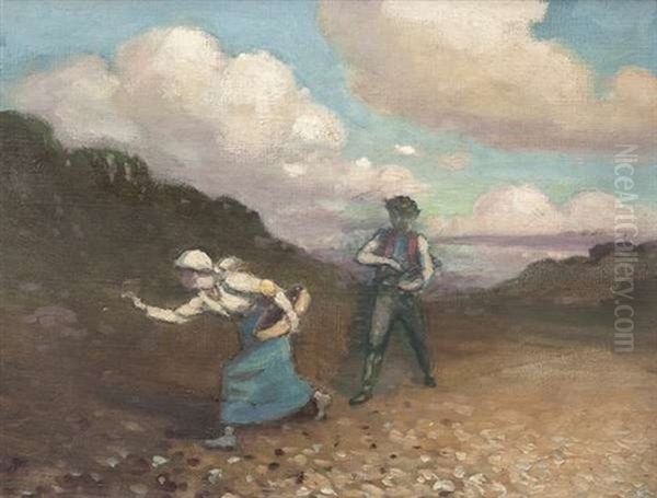 Two Figures Foraging In A Landscape Oil Painting by George Russell