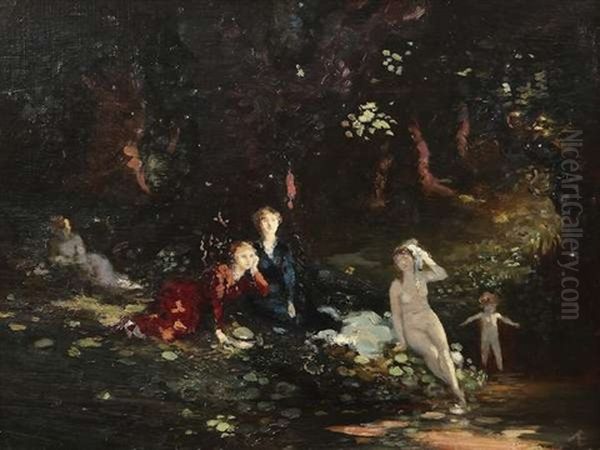 Bather In The Wood Oil Painting by George Russell