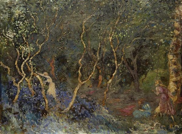 Children Playing In A Wooded Landscape Oil Painting by George Russell