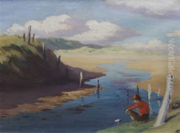 Seated Figure By A Coastal Stream Oil Painting by George Russell