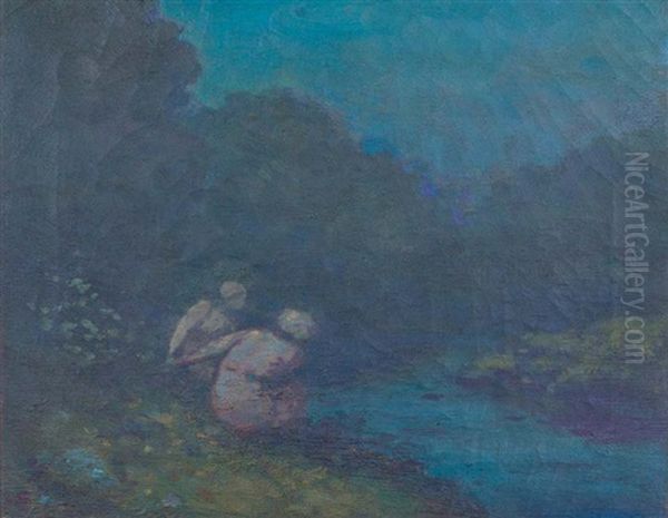 Figures By A River At Twilight Oil Painting by George Russell