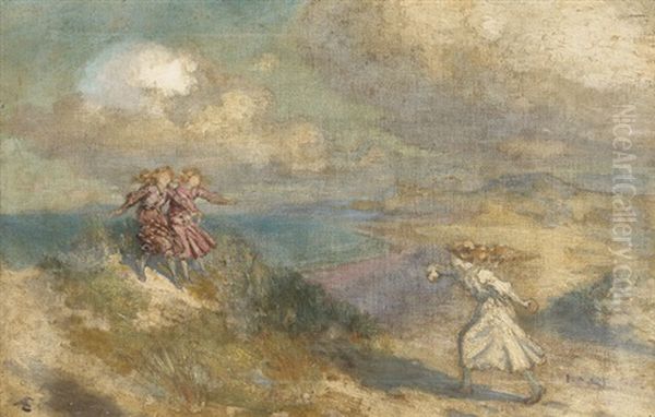 Three Girls Playing In The Sand Dunes Oil Painting by George Russell