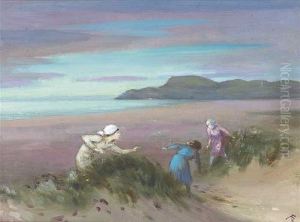 Three Children Playing In The Sand Dunes Oil Painting by George Russell