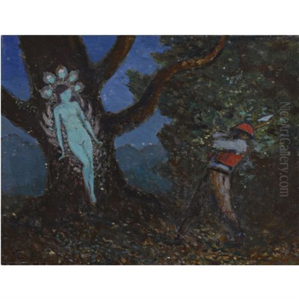 The Woodchopper And The Tree Spirit Oil Painting by George Russell