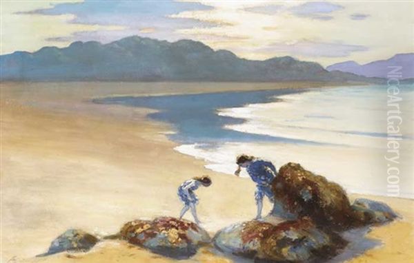 Girls On A Beach Oil Painting by George Russell