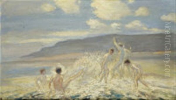 Boys Frolicking On A Beach Oil Painting by George Russell