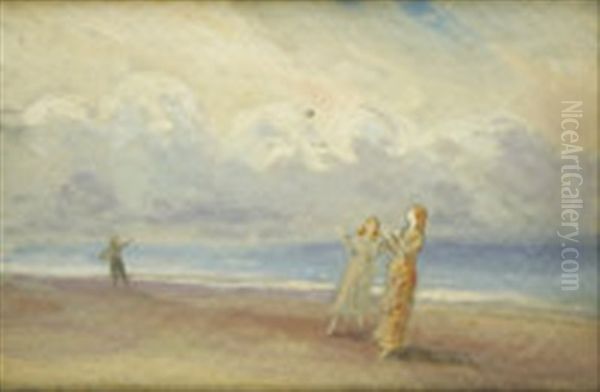 Children Playing On A Beach Oil Painting by George Russell