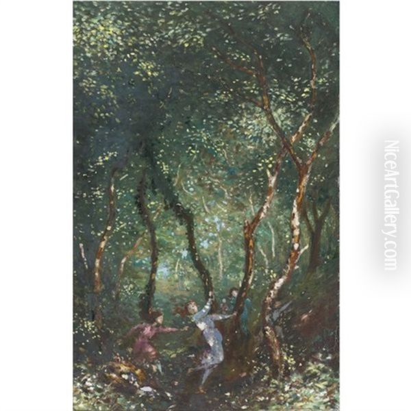 Figures Dancing In The Woods Oil Painting by George Russell