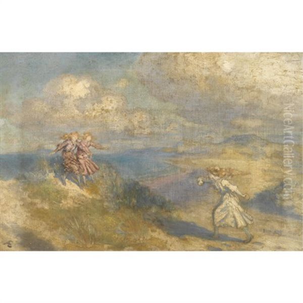 Three Girls Playing In The Dunes Oil Painting by George Russell