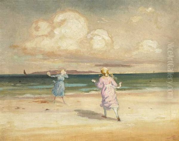 Two Girls Playing By The Seashore Oil Painting by George Russell