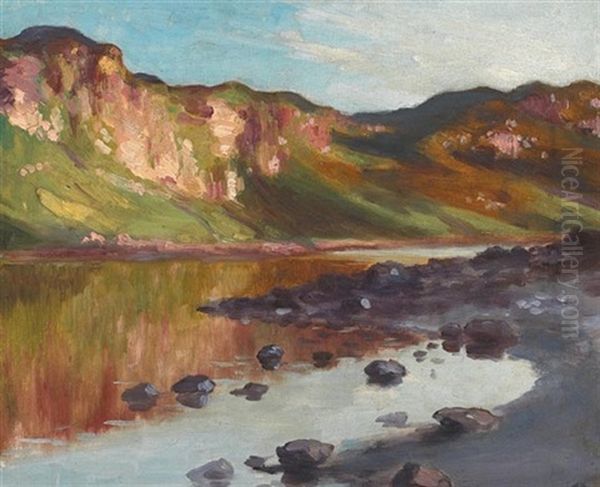 Lake Shoreline With Hills Reflected In Water Oil Painting by George Russell