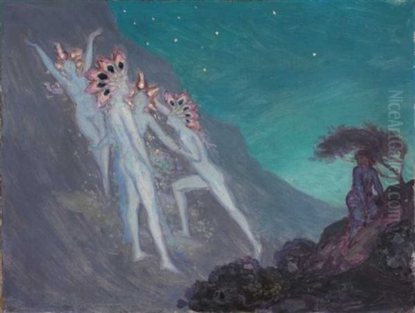 Fairies Appearing To A Woman On A Mountainside At Dusk Oil Painting by George Russell