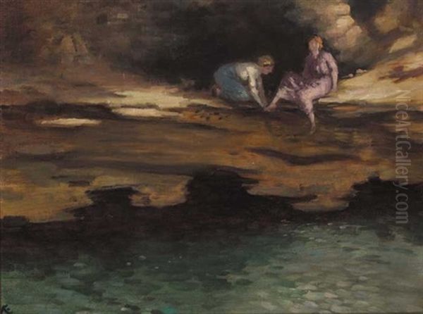 Two Women On A Rock Ledge Above A Pool Oil Painting by George Russell