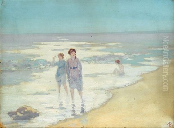 Two Girls Paddling In The Sunlight by George Russell