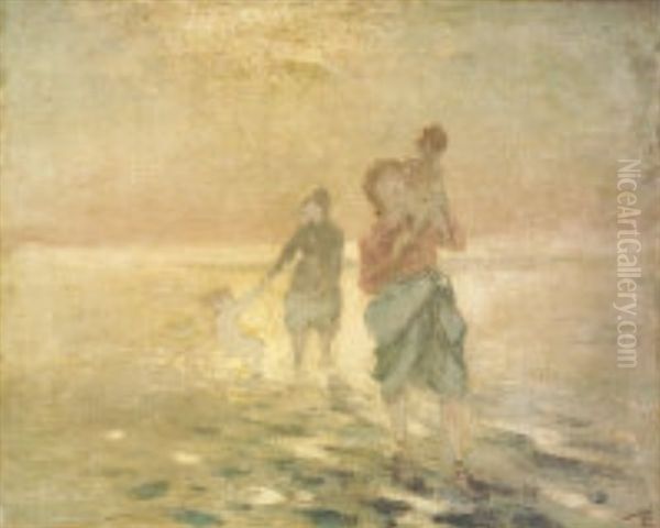 Women And Children Paddling Oil Painting by George Russell