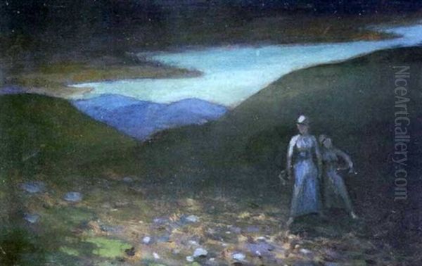 Evening Landscape With Figures (donegal) Oil Painting by George Russell