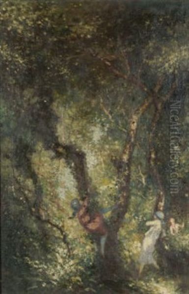 Girls Playing In A Forest Oil Painting by George Russell