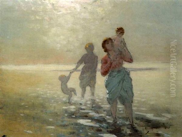 Women And Children Paddling Oil Painting by George Russell