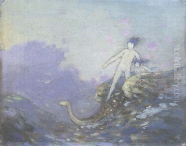 Sea Monster With Figures Astride Oil Painting by George Russell