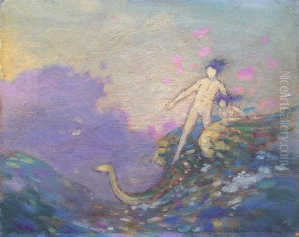 Sea Monster And Figures Astride Oil Painting by George Russell