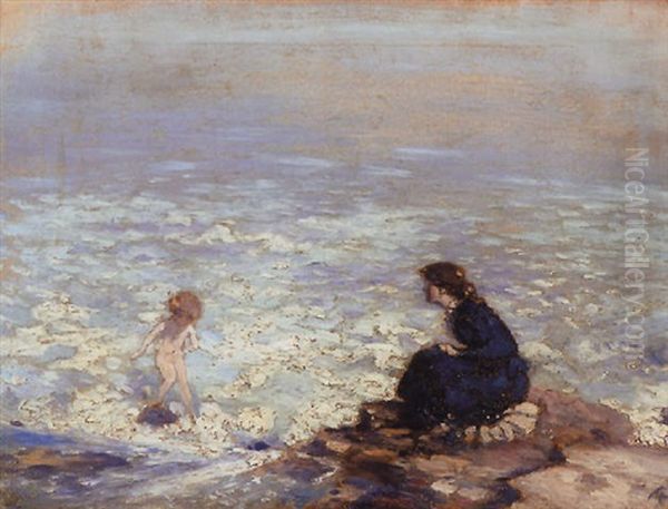 Mother And Child At The Water's Edge Oil Painting by George Russell