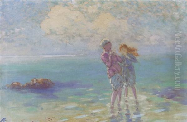 Two Girls Paddling In The Sea Oil Painting by George Russell