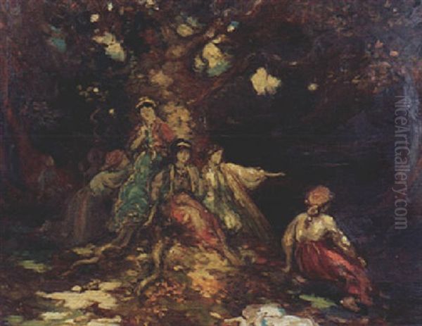 Forest Interior With Figures (mid-summers Night's Dream) Oil Painting by George Russell