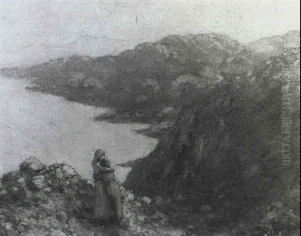 Two Figures Upon A Cliff With The Donegal Costline          Stretching Beyond Oil Painting by George Russell