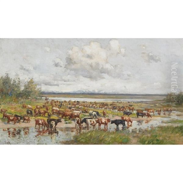 Herd Of Cattle Grazing By The Water Oil Painting by George Horne Russell