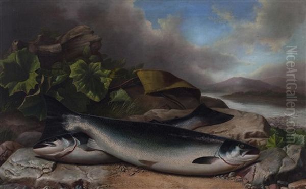 A Brace Of Grilse On A River Bank Oil Painting by John Russell