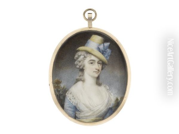 A Lady, Wearing Blue Dress, Pale Yellow Sash And White Fichu, Her Powdered Wig Worn A La Conseilleur And Secured With A White Bandeau Beneath Her Straw Hat Finished With Blue Ribbon Oil Painting by John Russell