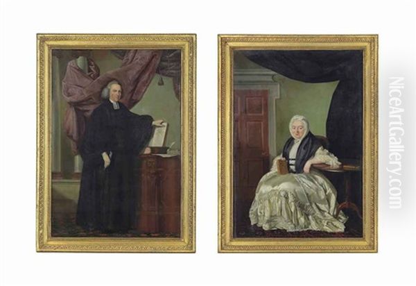 Portrait Of A Clergyman, Small Full-length, In Black Robes...; Portrait Of A Woman (pair) Oil Painting by John Russell