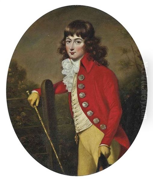 Portrait Of A Gentleman In A Scarlet Coat And Yellow Breeches, A Cane In His Right Hand, A Hat In His Left, In A Landscape Oil Painting by John Russell