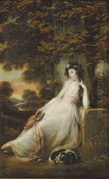 Portrait Of Miss S.d. Chambers In A White Dress, Seated With A Dog, In A River Landscape Oil Painting by John Russell