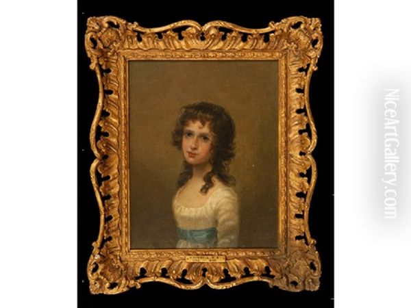 A Portrait Of A Young Girl With Her Hair In Ringlets And Wearing A Blue Sash Around Her White Dress (+ 3 Others, 4 Works) Oil Painting by John Russell