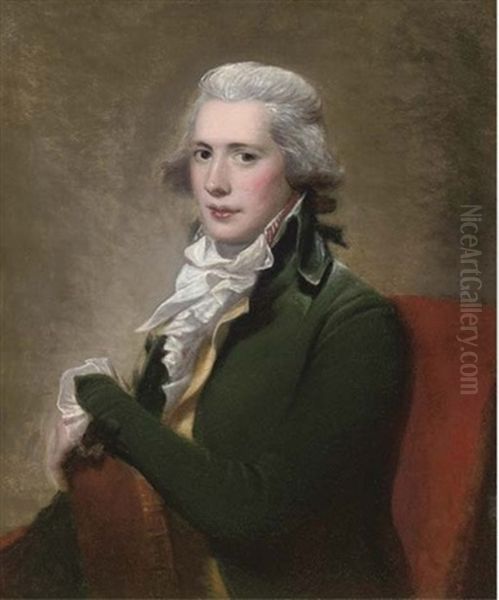 Portrait Of A Gentleman In A Green Coat And Yellow Waistcoat, Holding A Book Oil Painting by John Russell