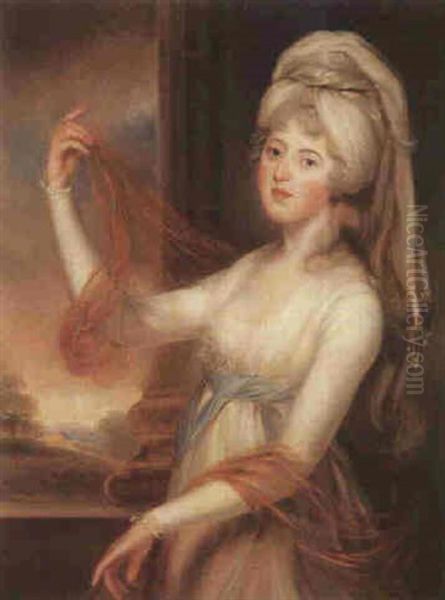 Portrait Of Sarah King, Three-quarter-length, Standing By A Column, With A Landscape Beyond by John Russell