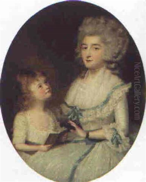 Portrait Of Mrs Lodington And Her Daughter, Three-quarter-length, Daughter Holding A Book Oil Painting by John Russell