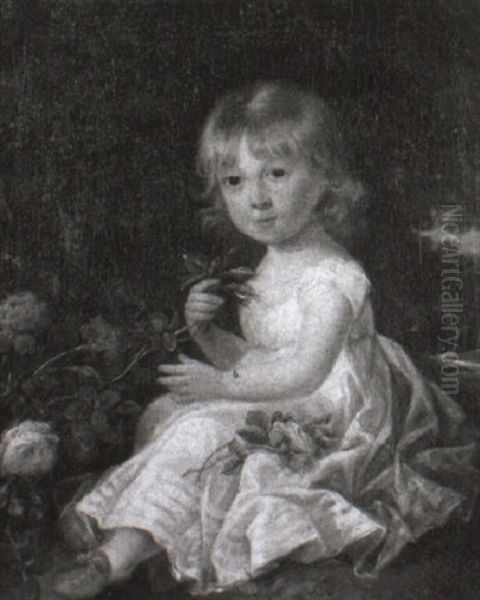 Portrait Of A Young Girl Seated Beside A Rose Bush Oil Painting by John Russell